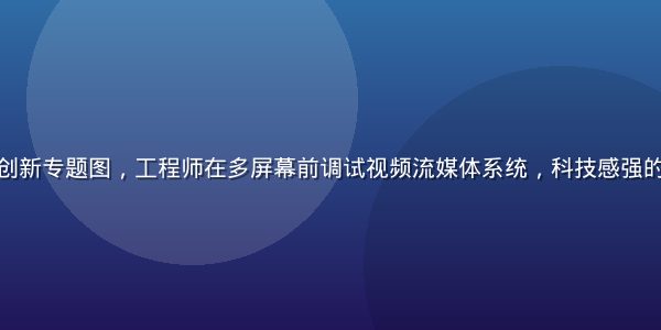 视频平台技术创新专题图，工程师在多屏幕前调试视频流媒体系统，科技感强的现代办公环境